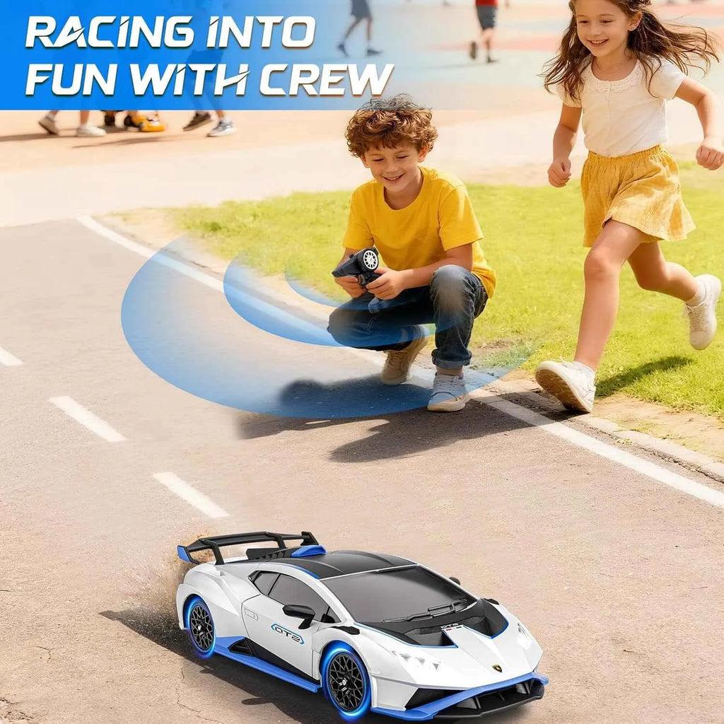 Children playing with a RC sports car on a road, with text 'Racing into Fun with Crew' above.