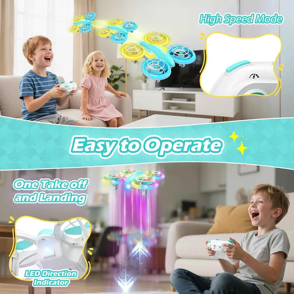 Children playing with an RC toy drone in a living room, with text highlighting features like high-speed mode and easy operation.
