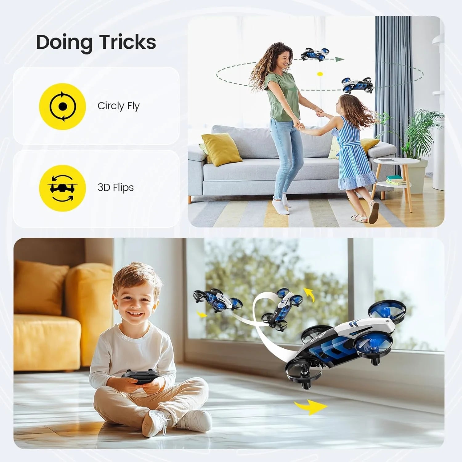 Children playing with an RC drone in a living room, performing tricks.