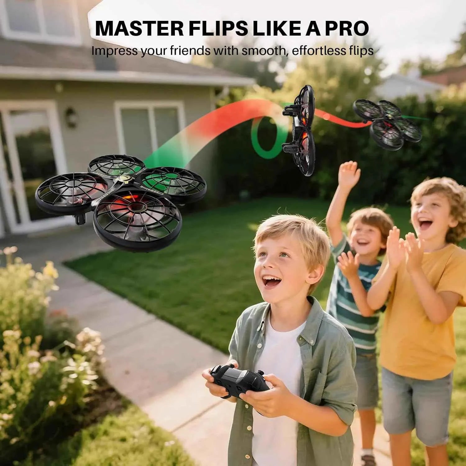 Children playing with an RC drone in a backyard, with text encouraging mastering flips.