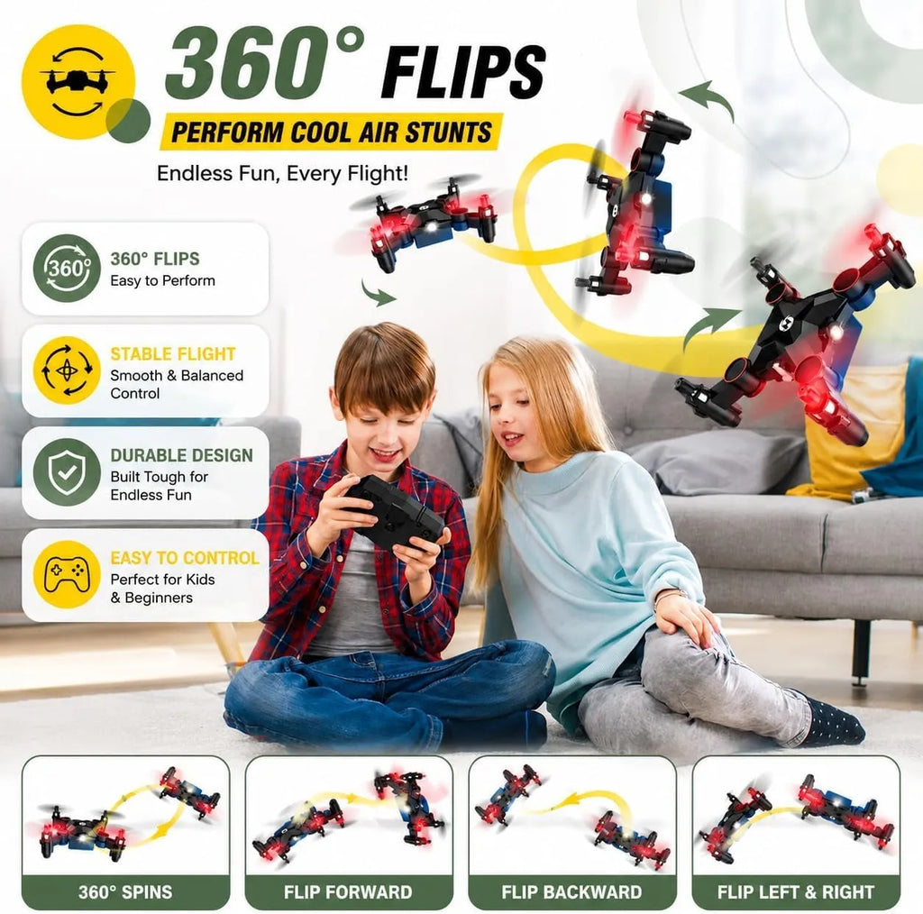 Children playing with an RC drone toy set on a couch, with text highlighting features like '360° Flips' and 'Cool Air Stunts'.