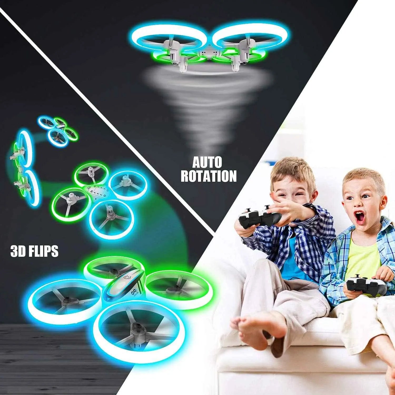 Children playing with an RC drone toy, showing auto-rotation and 3D flips features.