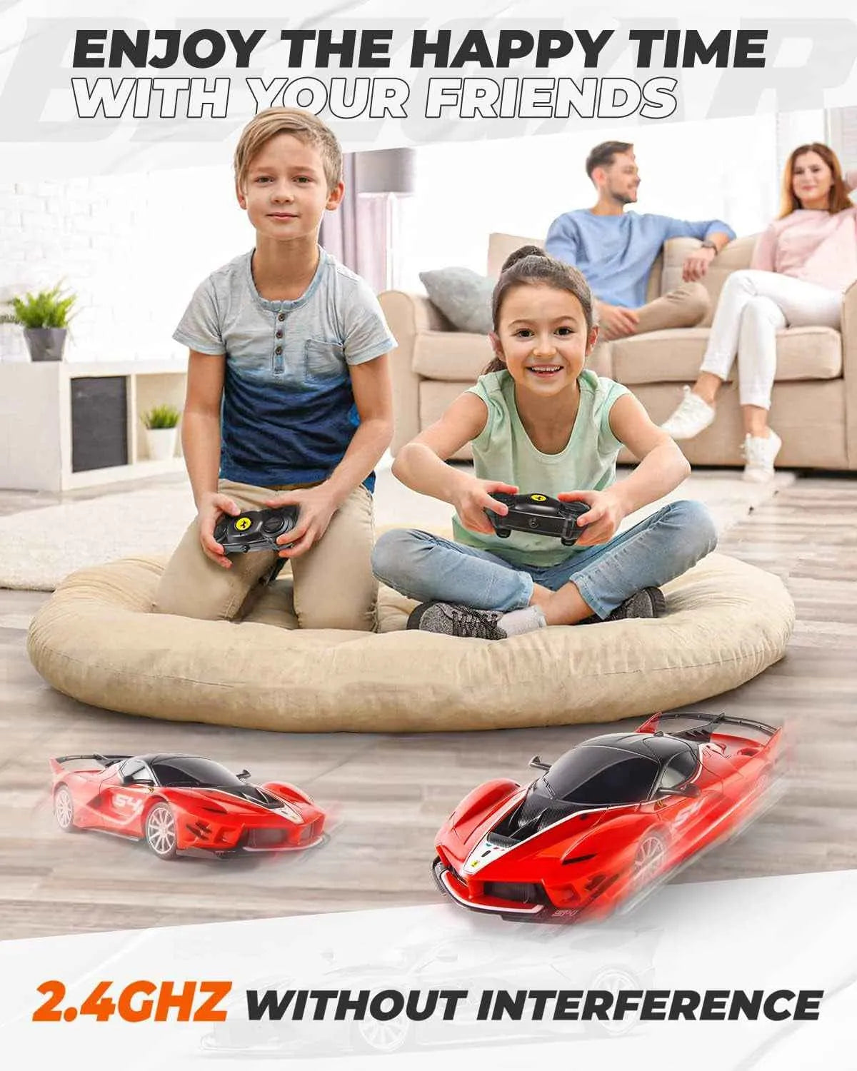 Children playing with remote control cars in a living room with text about enjoying time with friends.