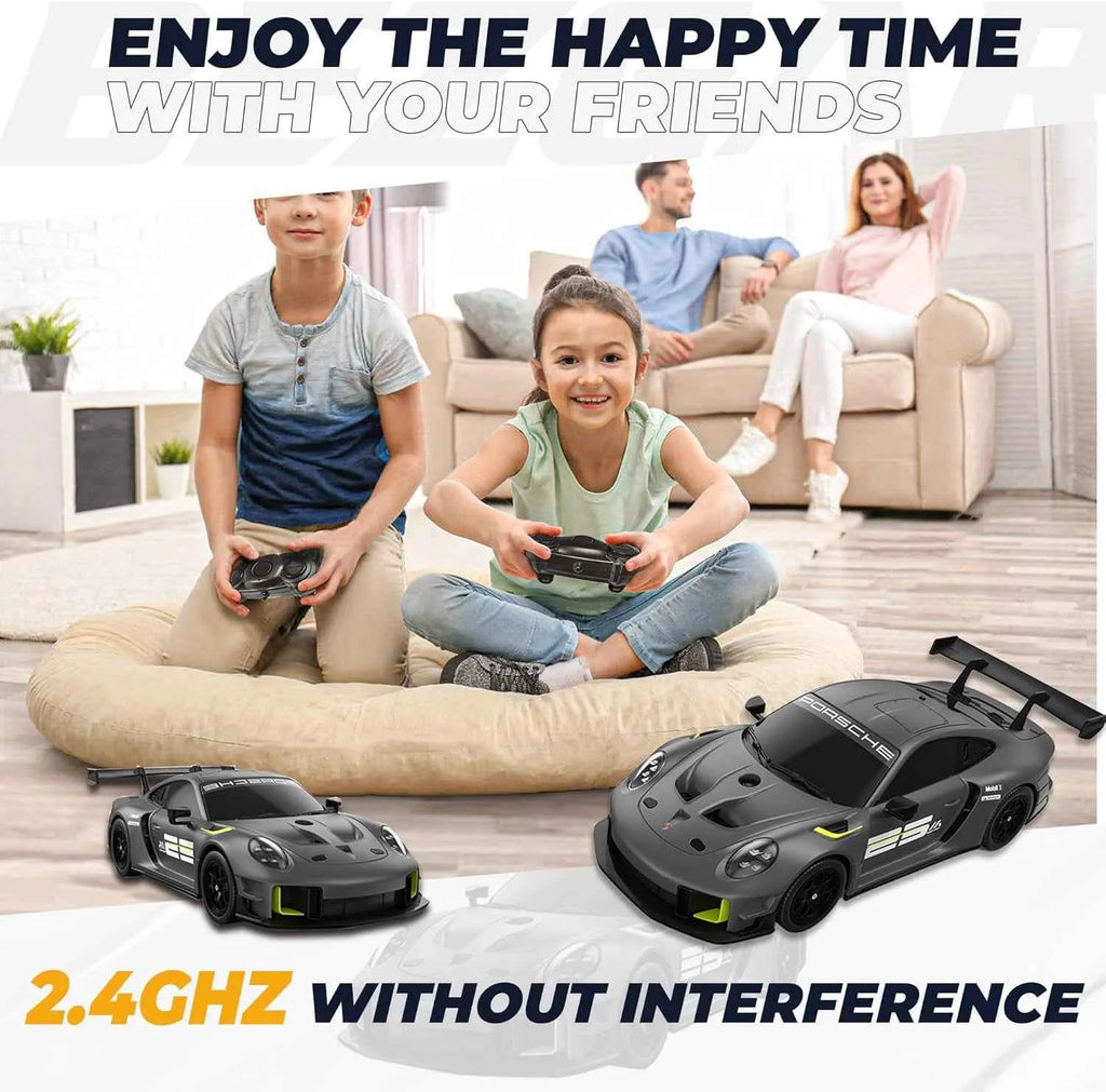 Children playing with remote control cars in a living room setting, with text encouraging spending happy time with friends.