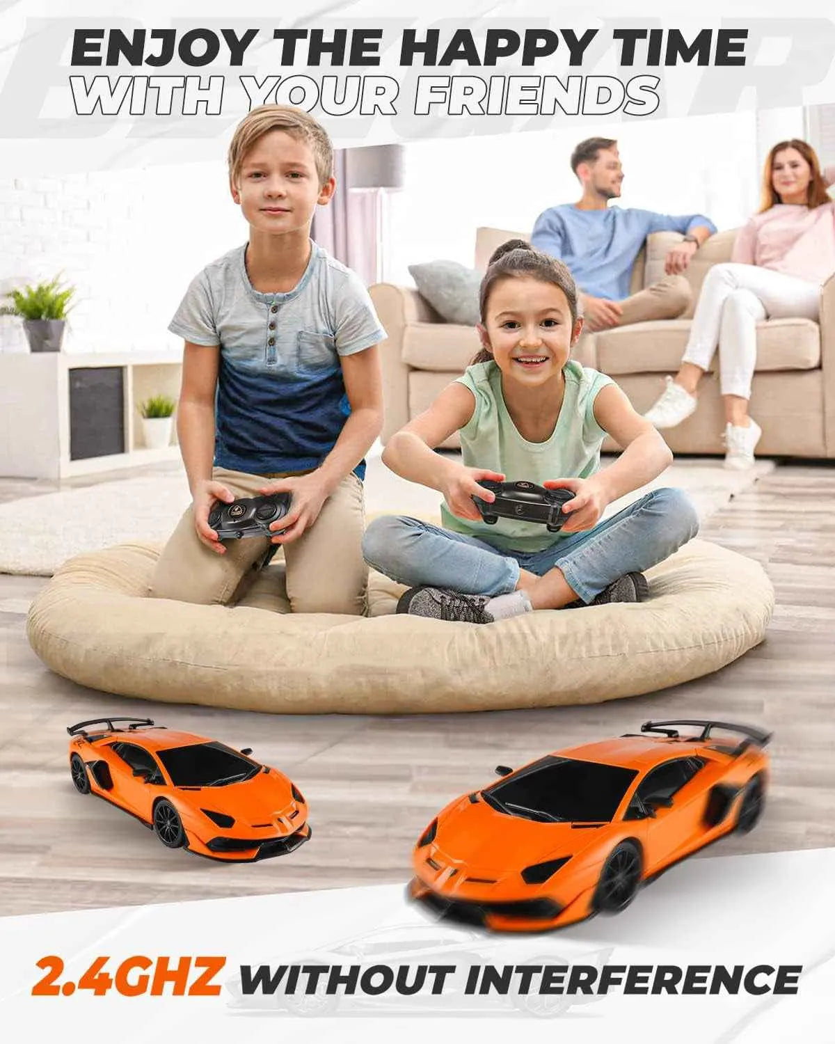 Children playing with remote control sports car in a living room setting, with text promoting enjoyment with friends and 2.4GHz connectivity.