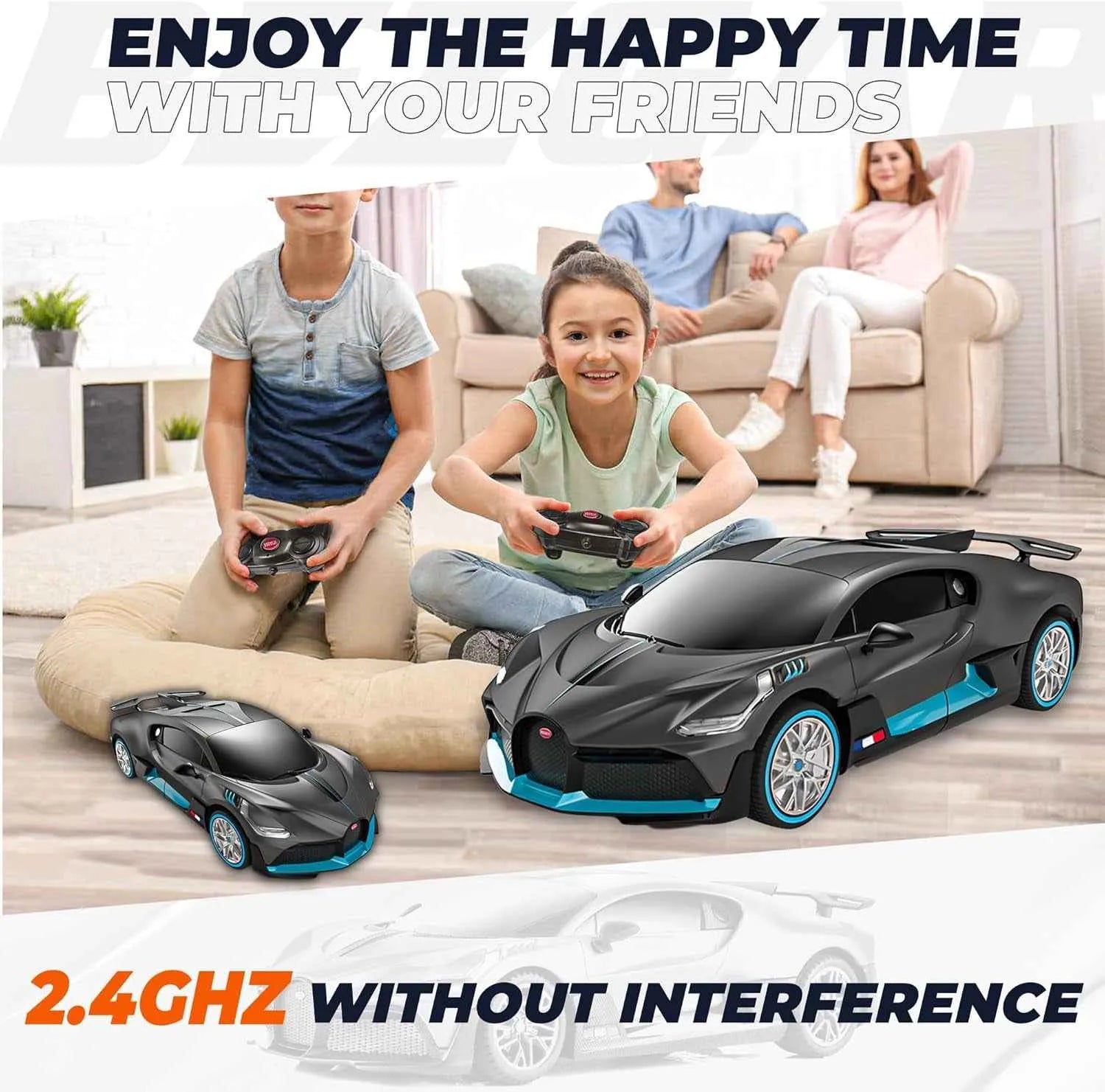 Children playing with remote control sports cars in a living room, with text encouraging spending happy time with friends.