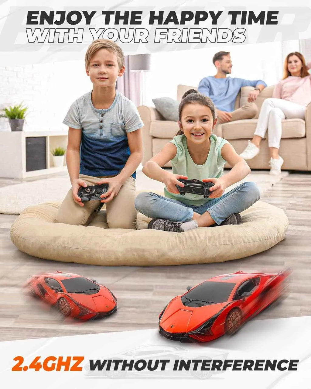 Children playing with remote control sports car in a living room setting, with text encouraging spending happy time with friends.
