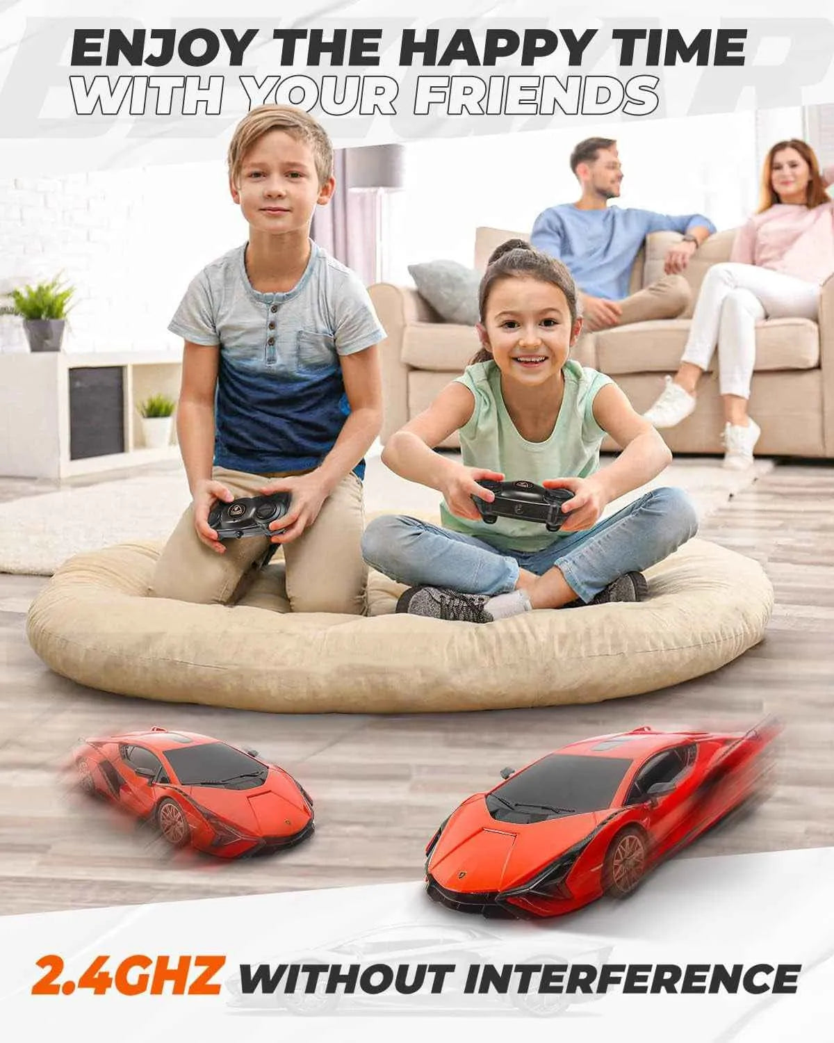 Children playing with remote control sports car in a living room setting, with text encouraging spending happy time with friends.