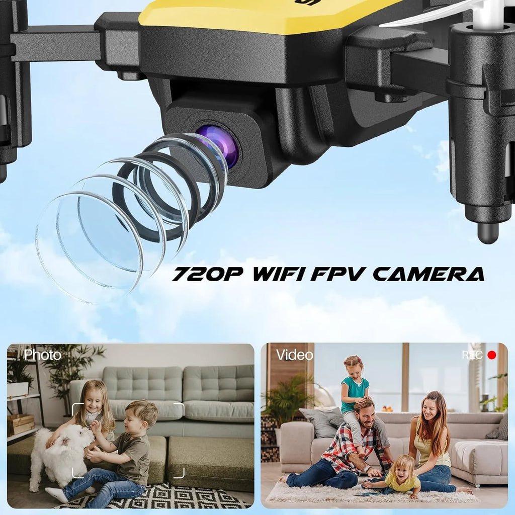 Close-up of an RC drone with a 720P WiFi FPV camera, showing its lens and branding against a blue sky. Below, there are two images of people interacting with children in a living room setting.