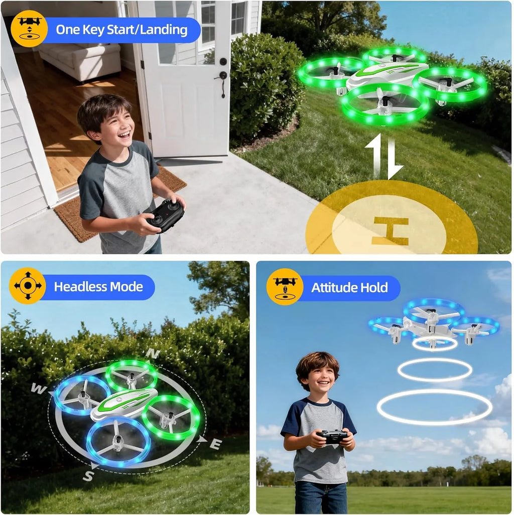 Collage of a child playing with an RC drone, showing features like one-key start/landing, headless mode, and attitude hold.