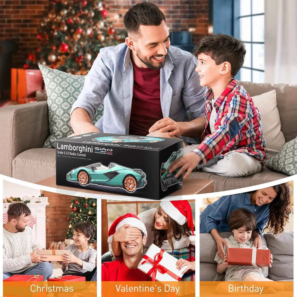 Collage of a man and child playing with a toy car, surrounded by festive scenes.