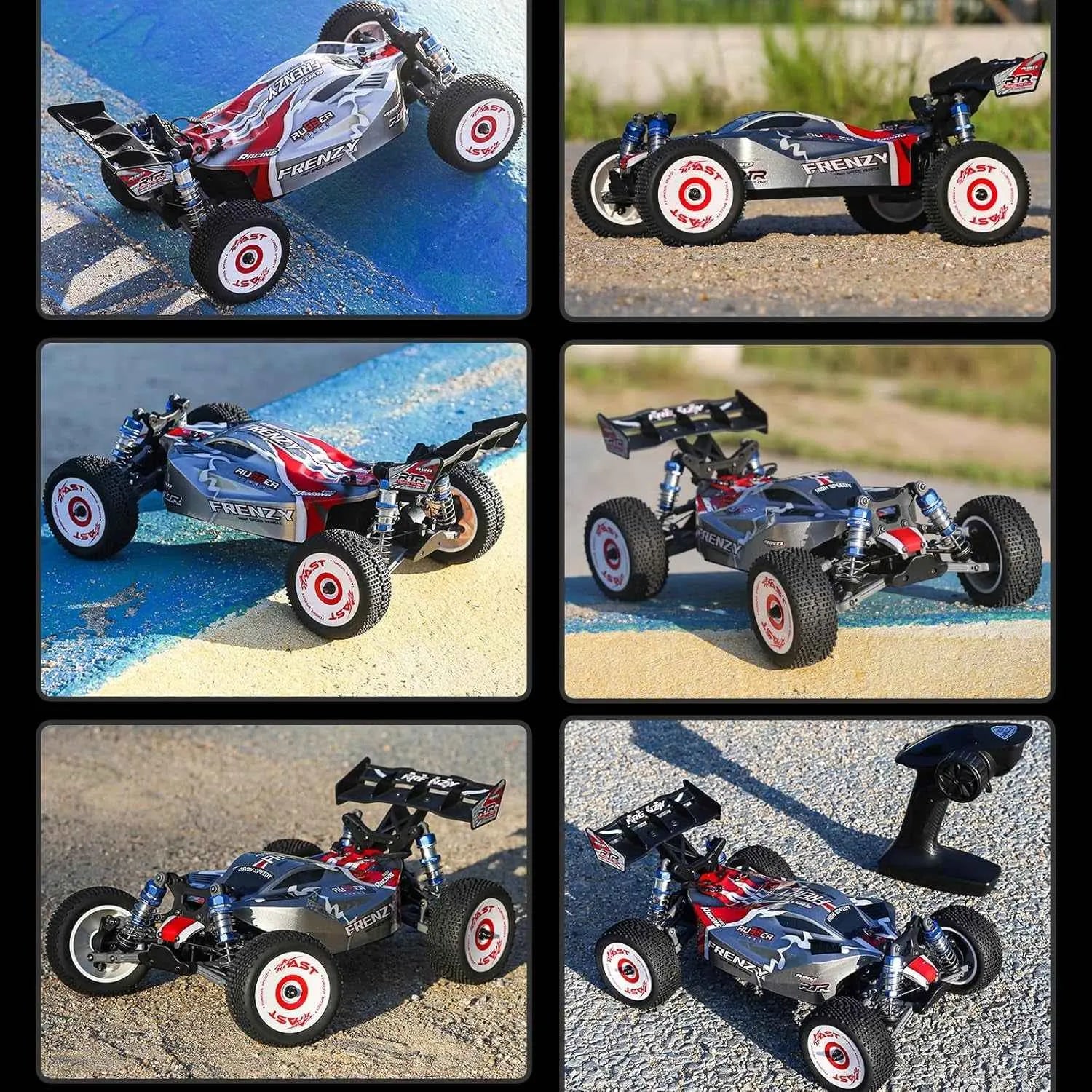 Collage of a remote-controlled buggy on various surfaces