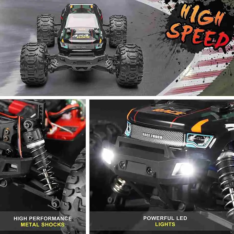 Collage of a remote-controlled monster truck with high-speed text, metal shocks, and powerful LED lights.
