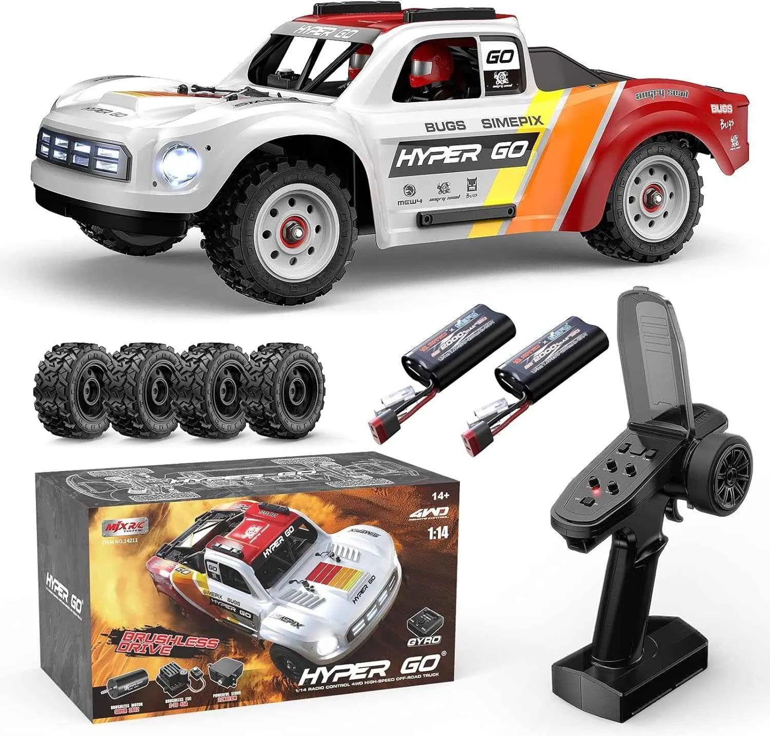 Collage of a remote control short course truck, its accessories, and packaging on a white background