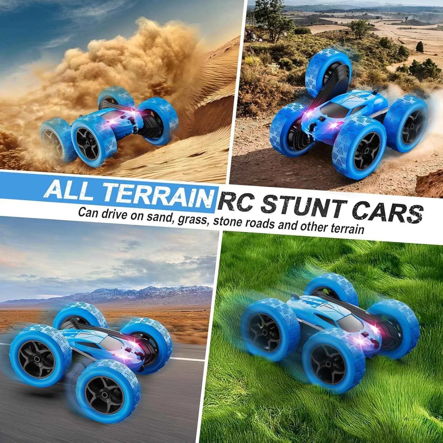 Collage of all-terrain RC stunt cars in different terrains with promotional text.