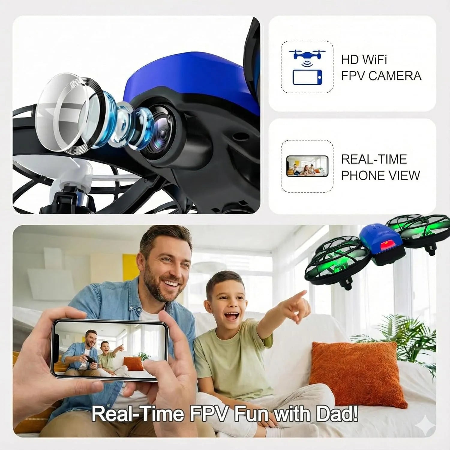 Collage of an RC drone with camera, a man and a child watching on a phone, and text about Real-Time FPV Fun with Dad.