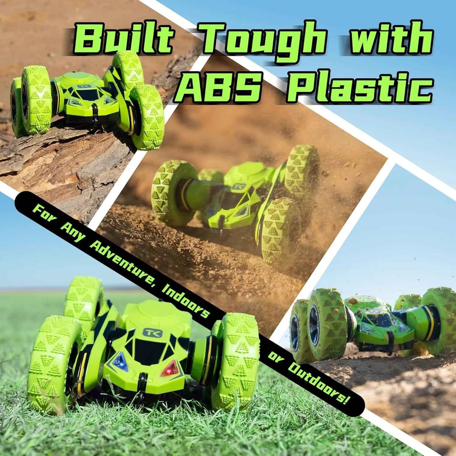 Collage of green RC stunt cars on various terrains with text about ABS plastic construction.