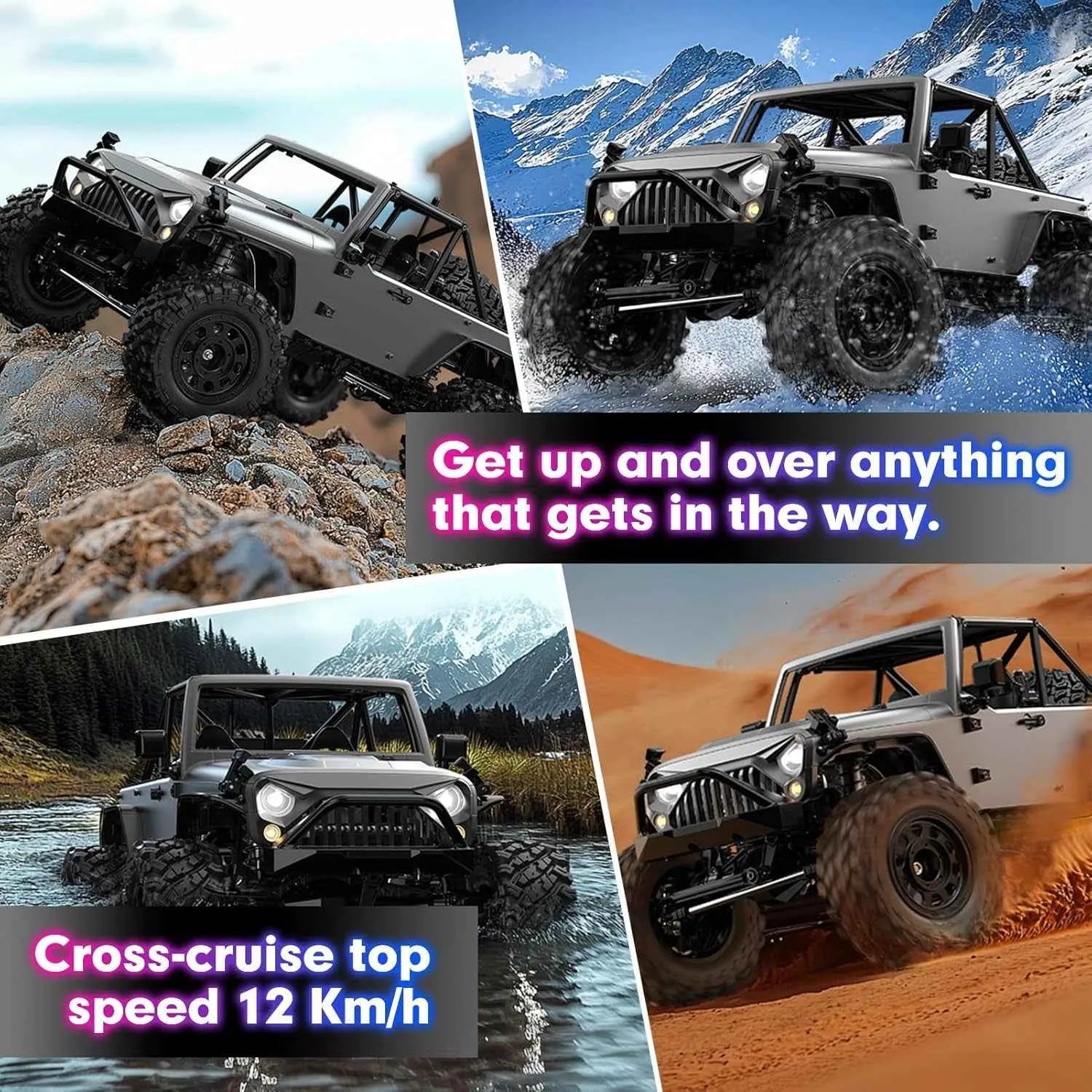 Collage of off-road crawler in various terrains with promotional text.