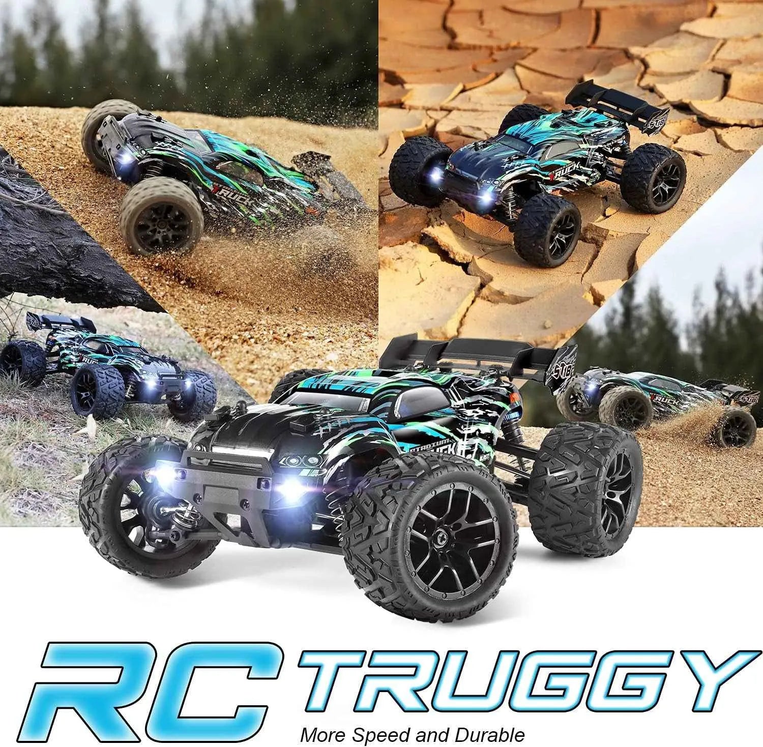 Collage of RC truggy toy cars on various terrains with 'RC Truggy' branding.