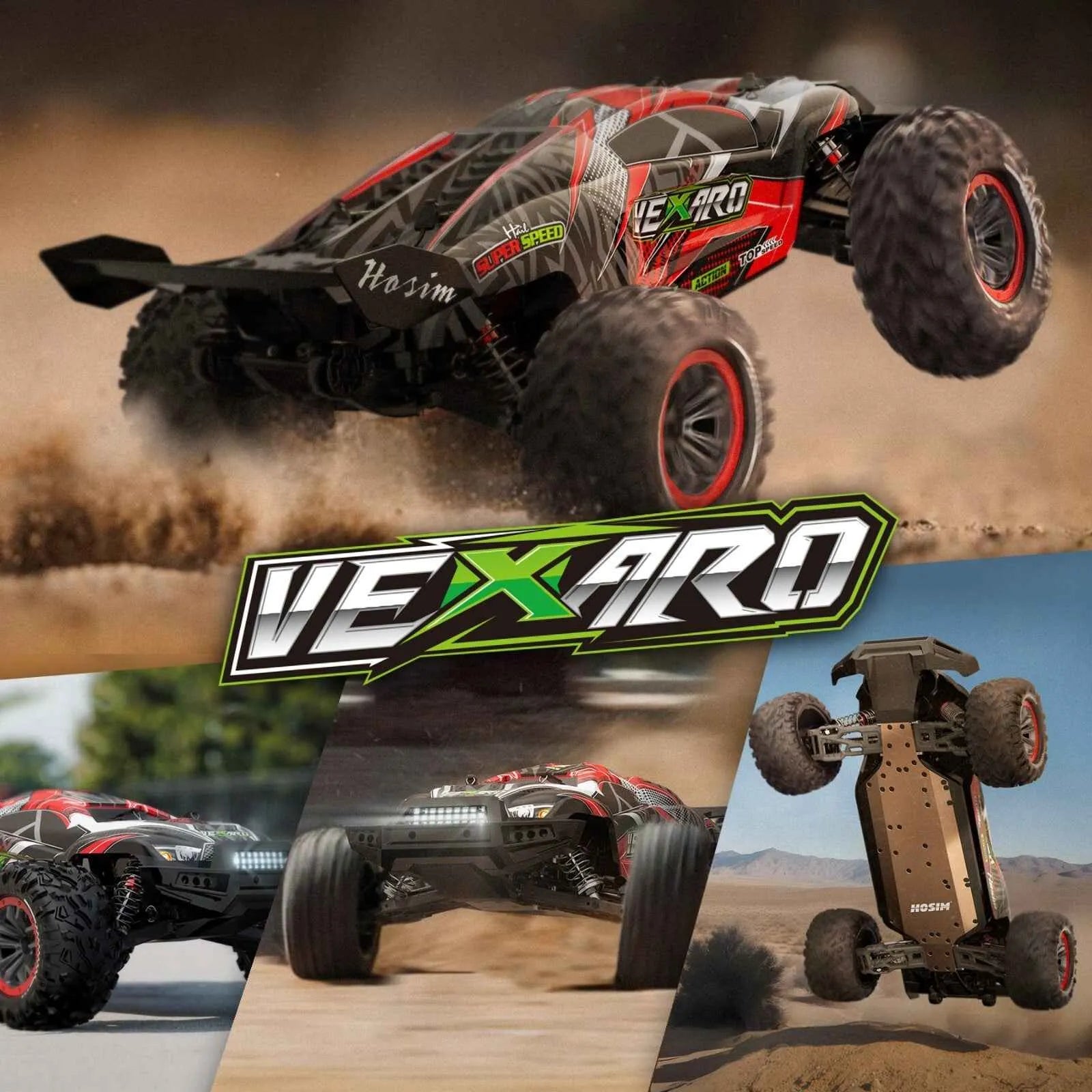 Collage of Vexaro remote control monster truck in action with the brand logo displayed.