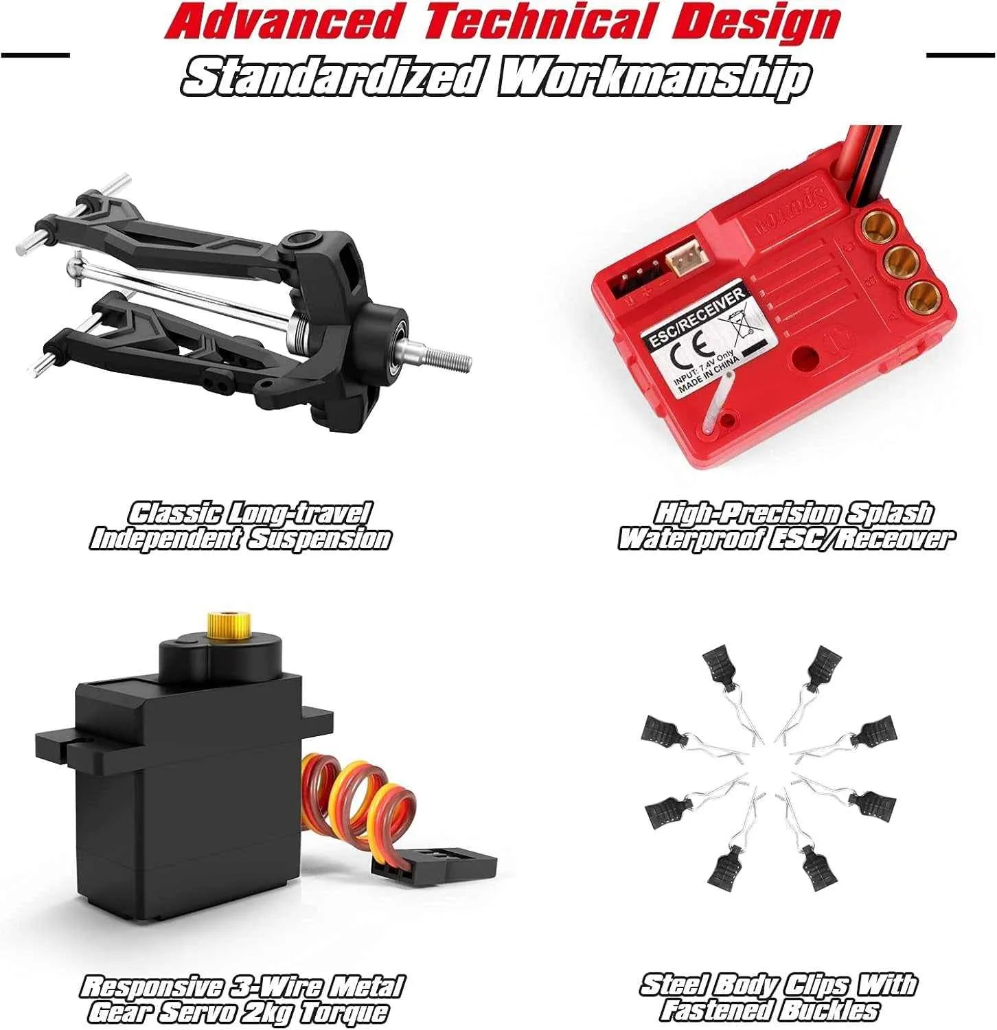 Collection of RC monster truck components with text highlighting features on a white background
