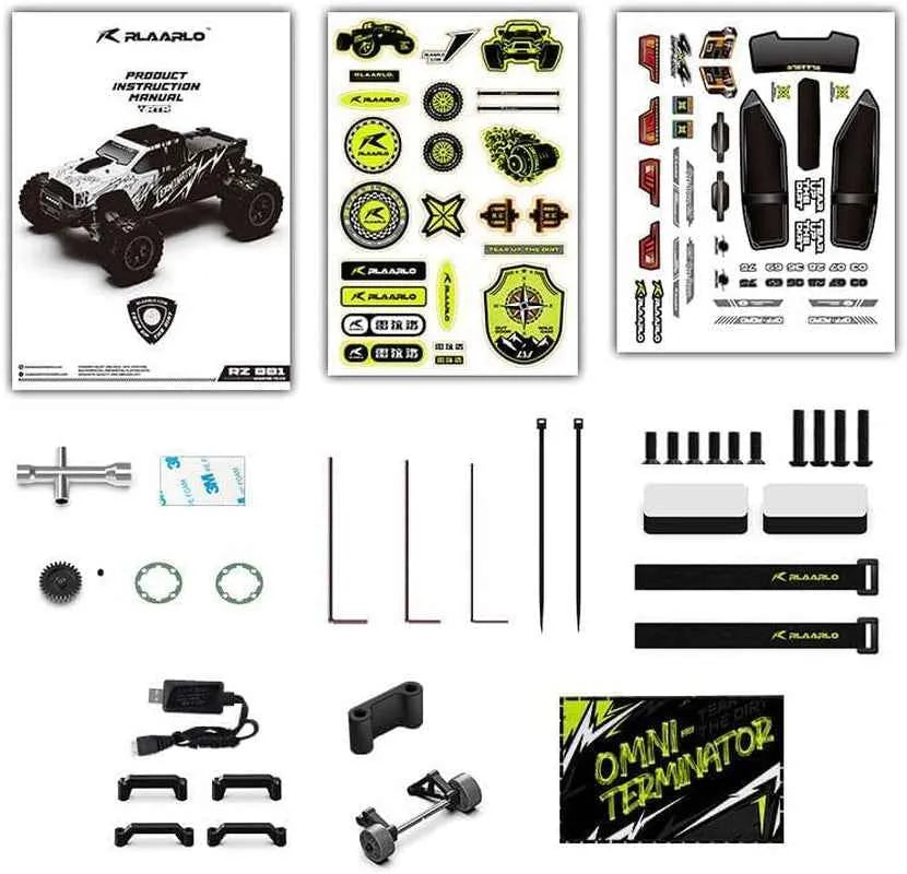 Collection of RC monster truck parts and accessories on a white background