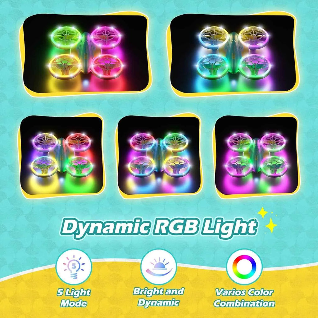 Colorful LED spinner toy with dynamic RGB lighting effects against a blue-and-yellow gradient background.