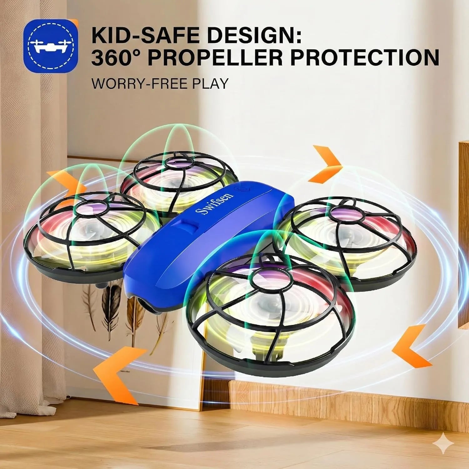 Colorful RC drone with 360-degree propeller protection on a neutral background