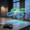 Colorful RC drone with LED lights on a table in a room with large windows showing a cityscape.