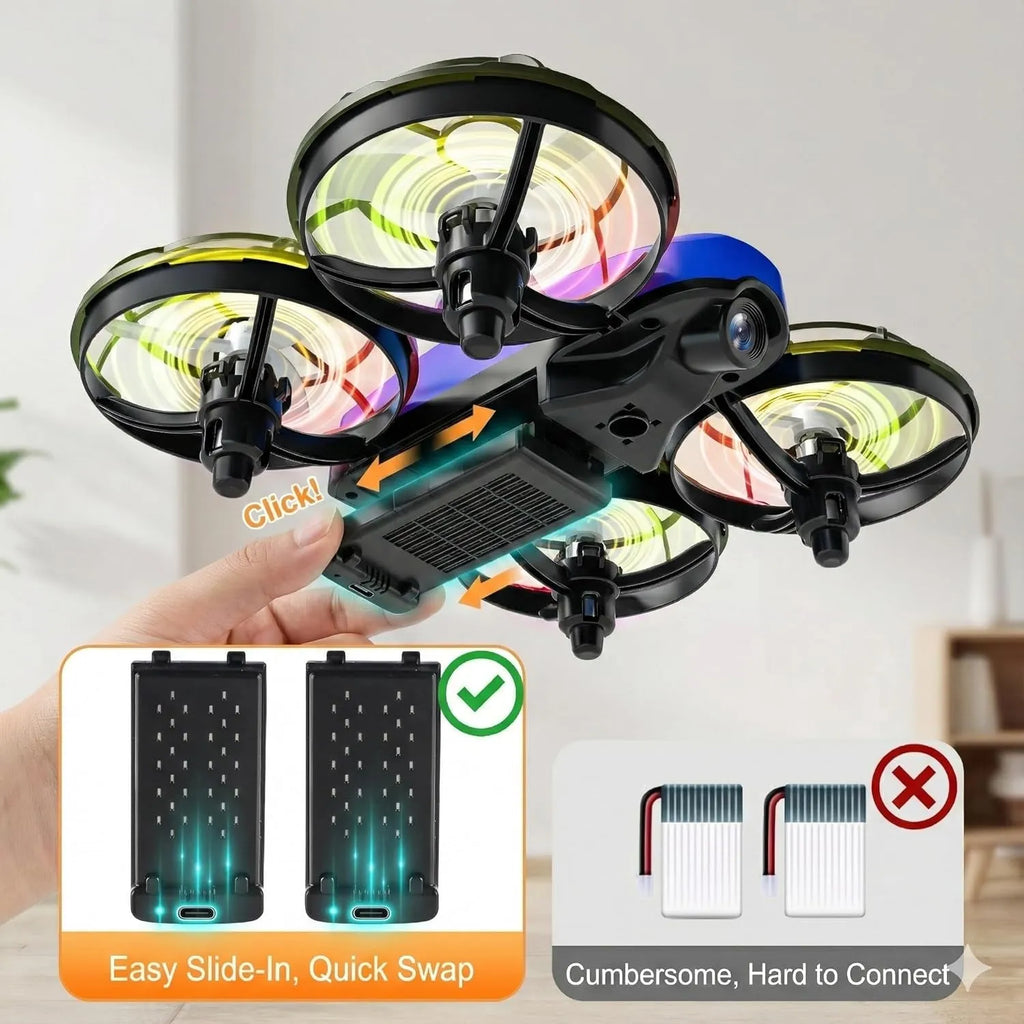 Colorful RC drone with battery pack illustration on a neutral background
