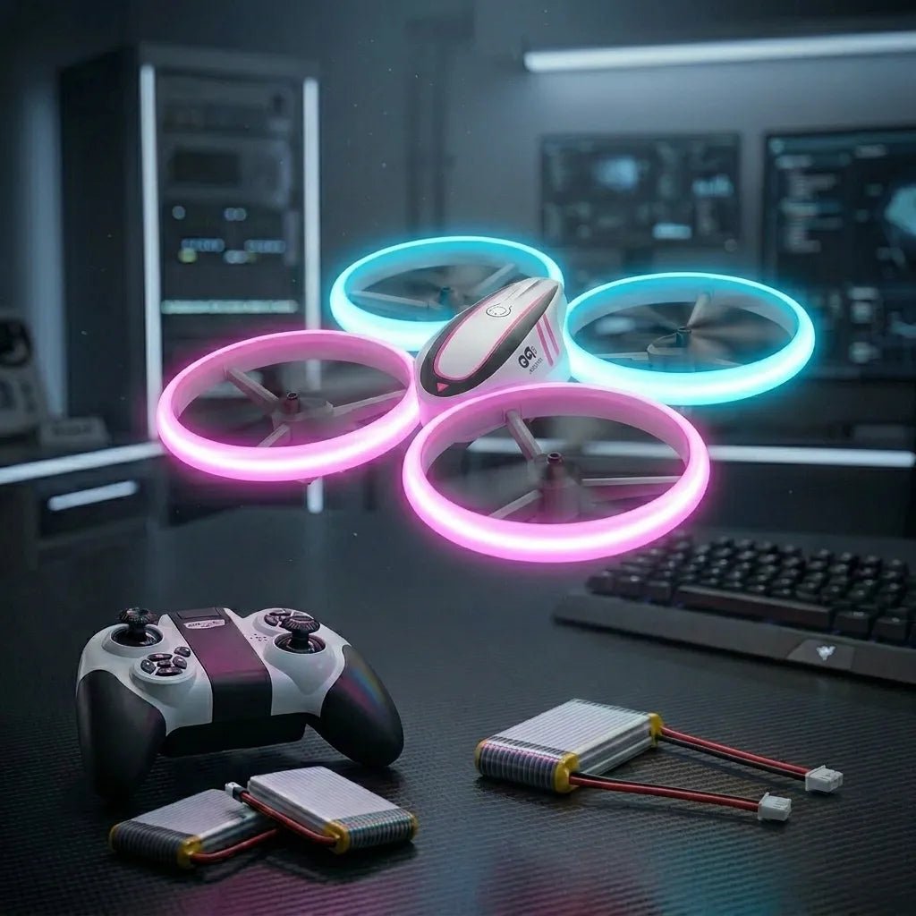 Colorful RC drone with glowing pink-green on a desk with a controller and batteries in a tech-savvy room.