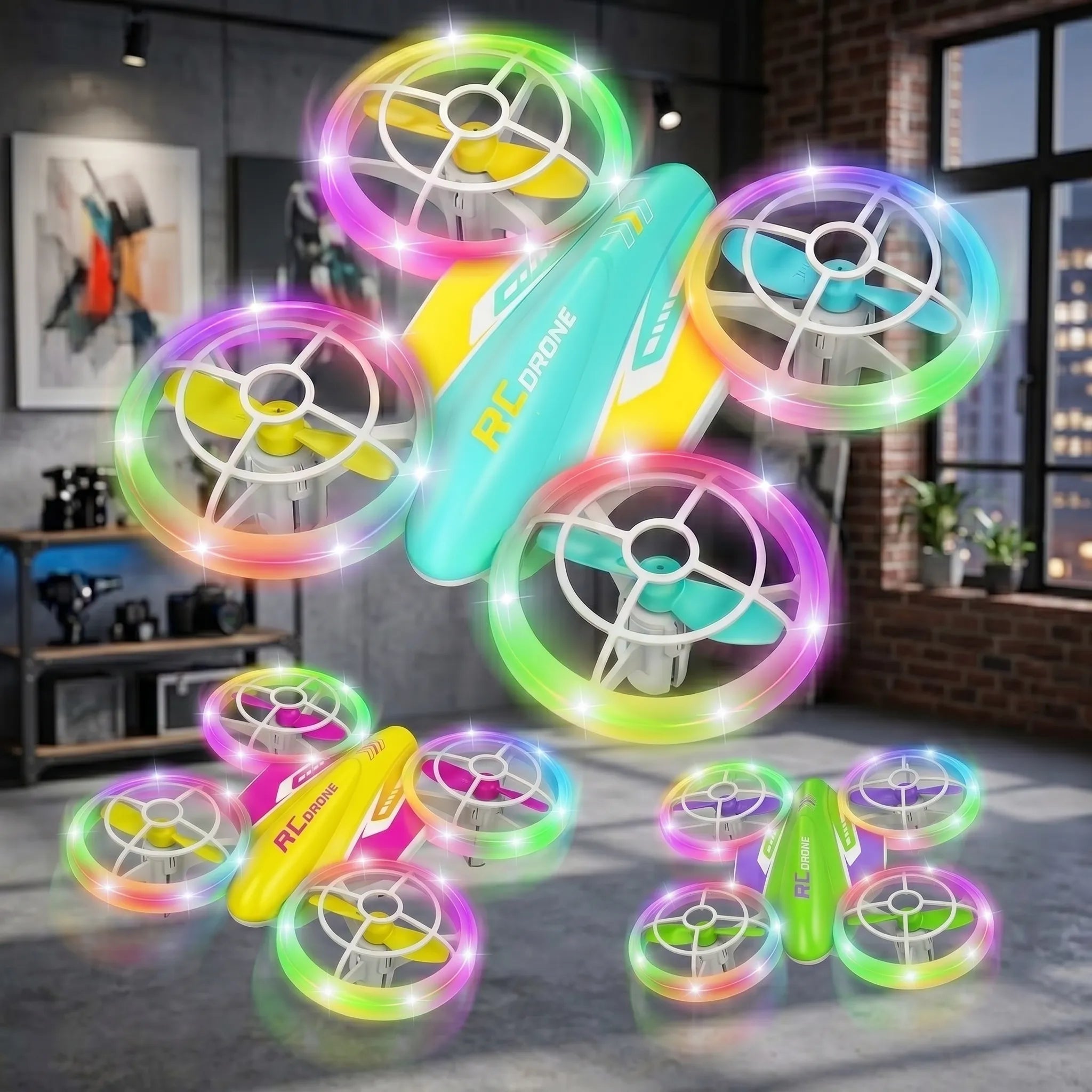 Colorful RC drone with glowing propellers on a concrete floor.
