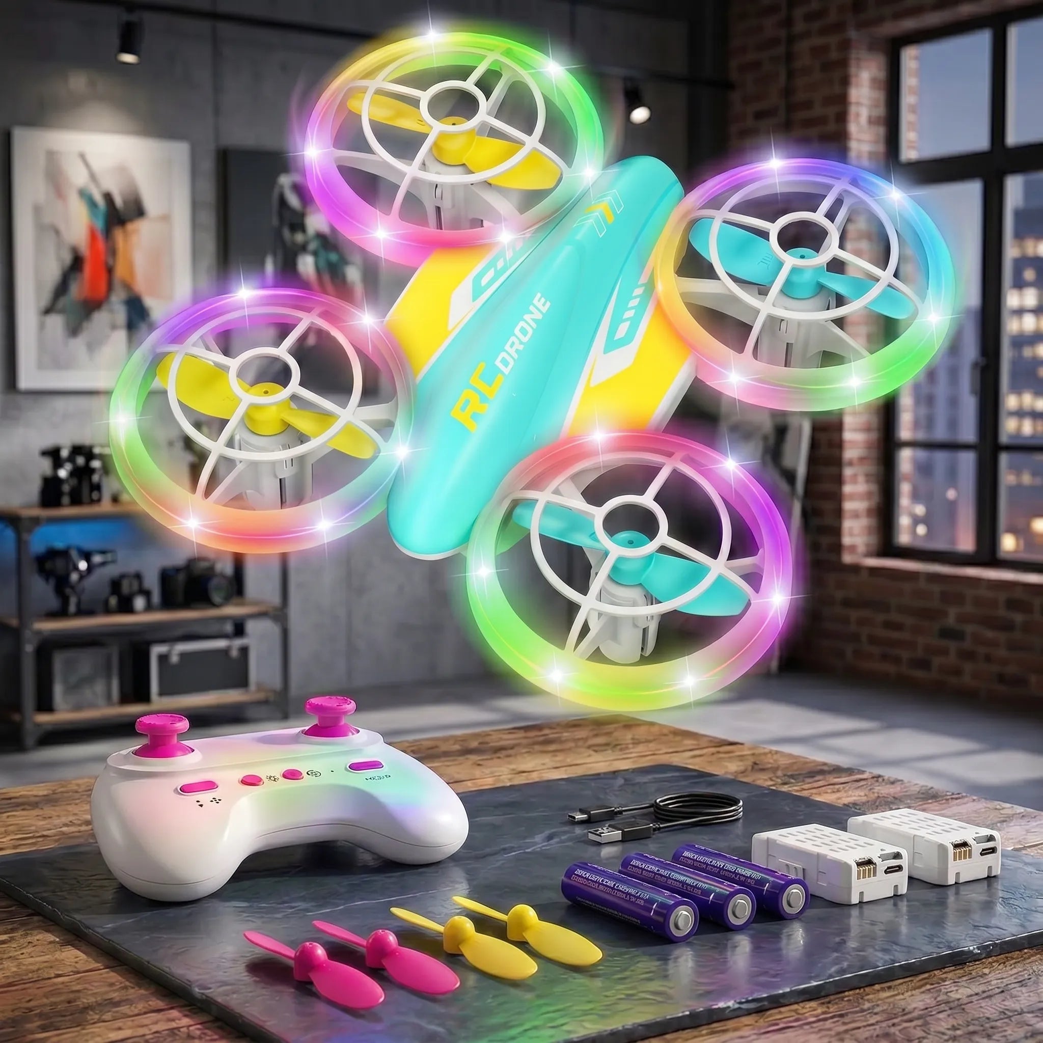 Colorful RC drone with LED lights and controller on a table in a room.