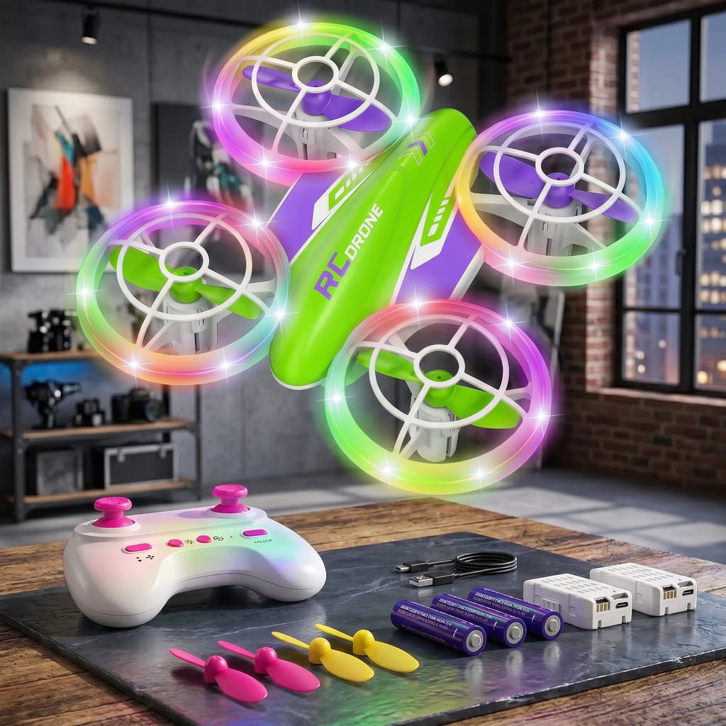 Colorful RC drone with LED lights on a table with a controller and batteries.