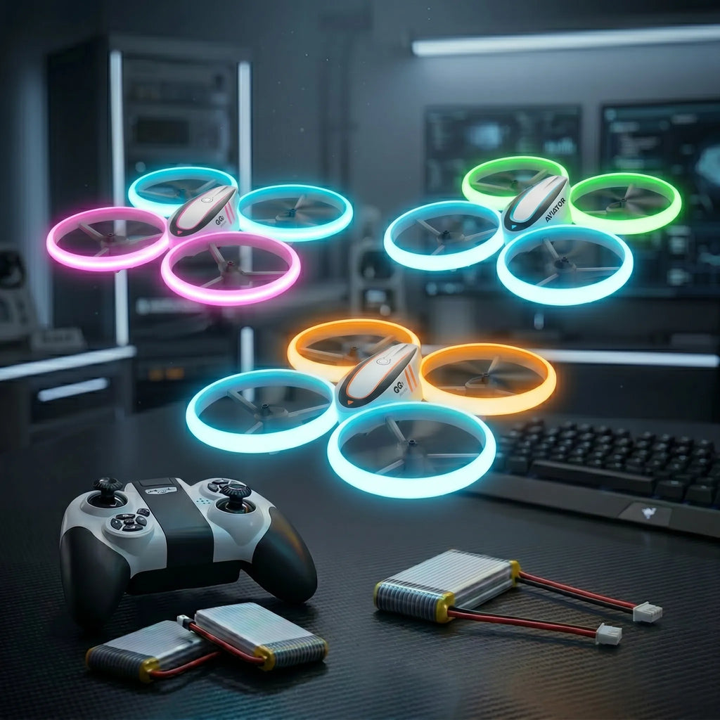 Colorful RC drones with remote control and batteries on a desk