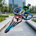 Colorful RC sword plane with a blurred outdoor background