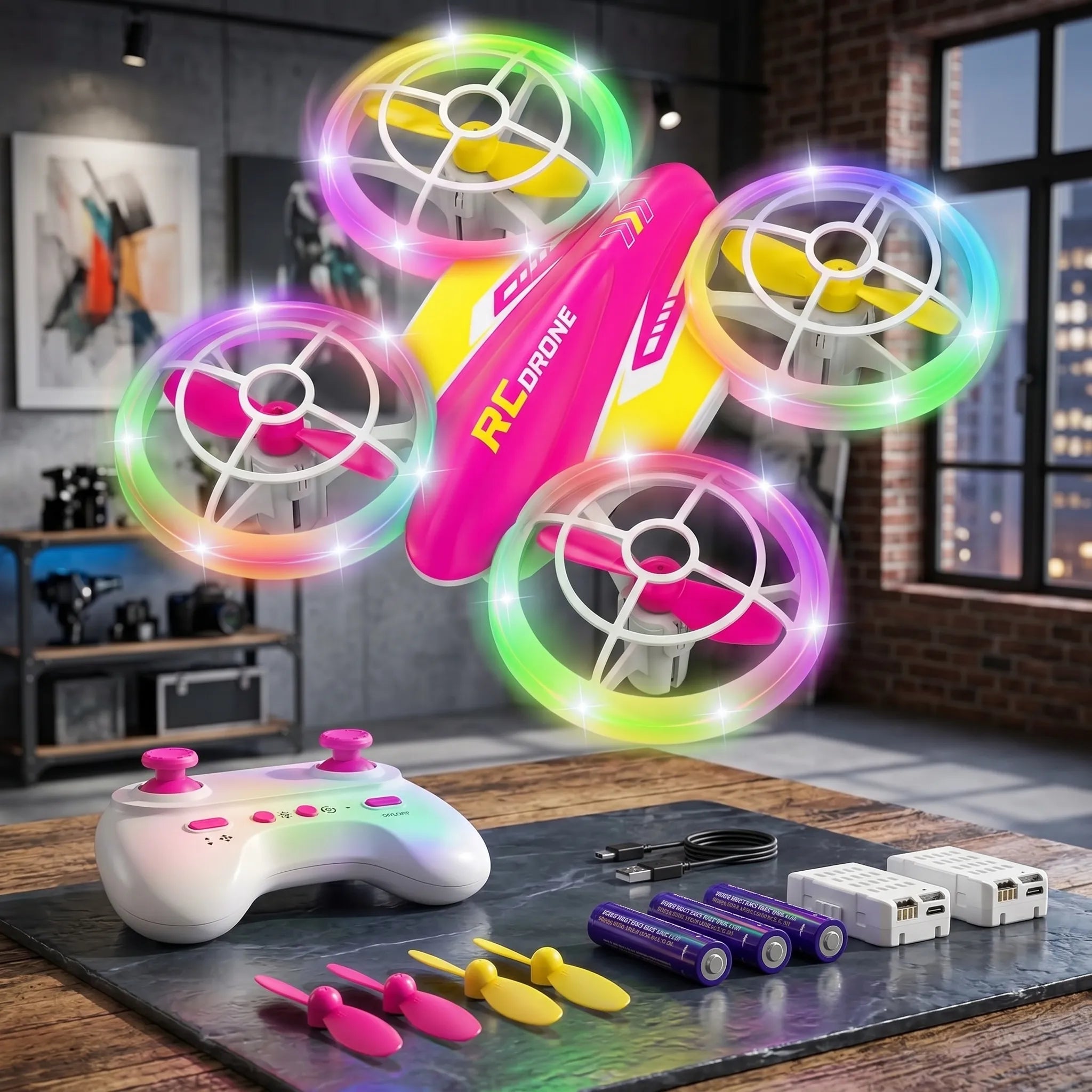 Colorful Red RC drone with LED lights on a table in a room setting