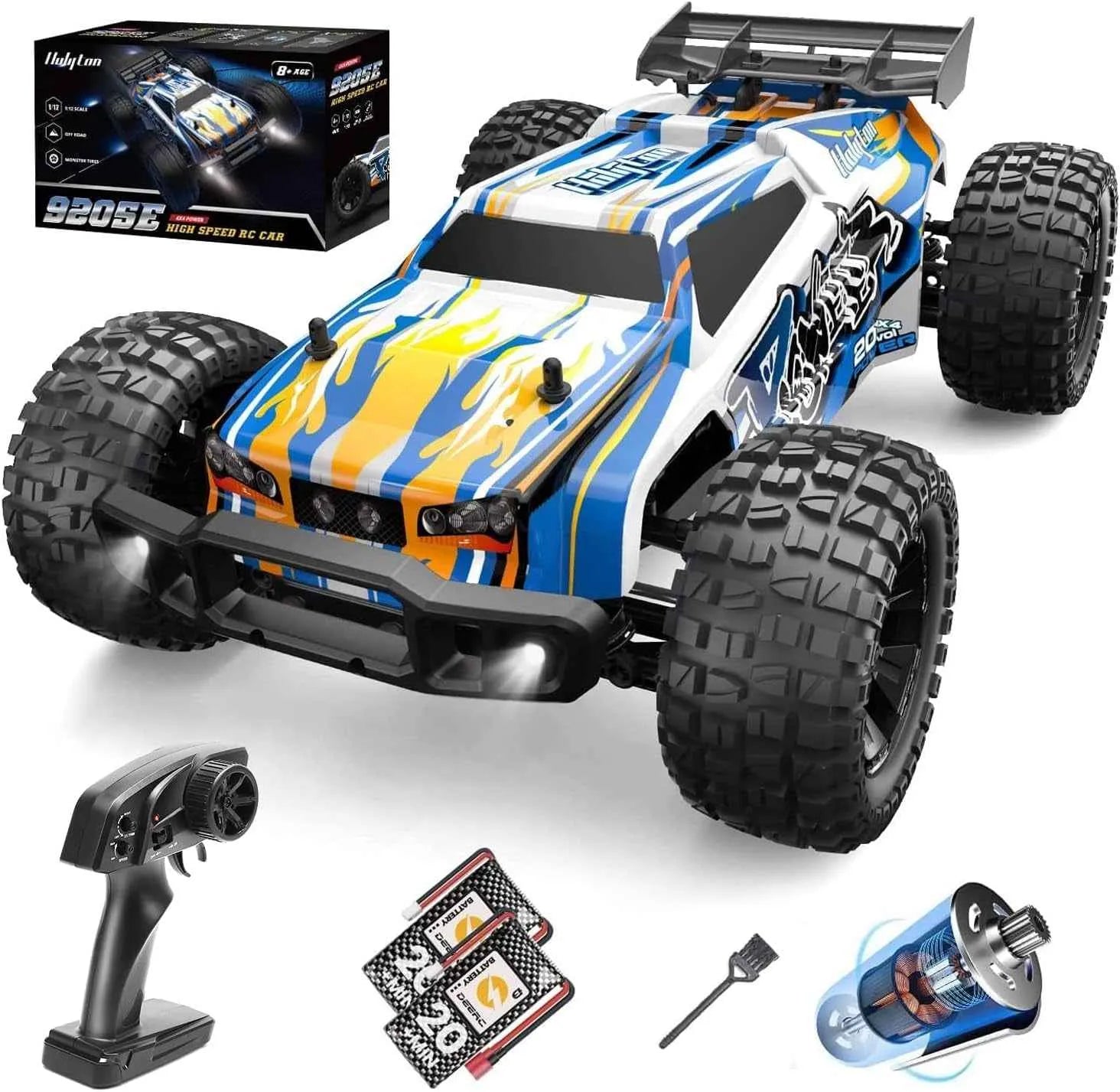 Colorful remote control monster truck with accessories on a white background