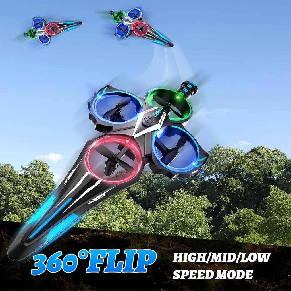 Colorful spinner RC plane with 360-degree flip feature against a blue sky and tree background.