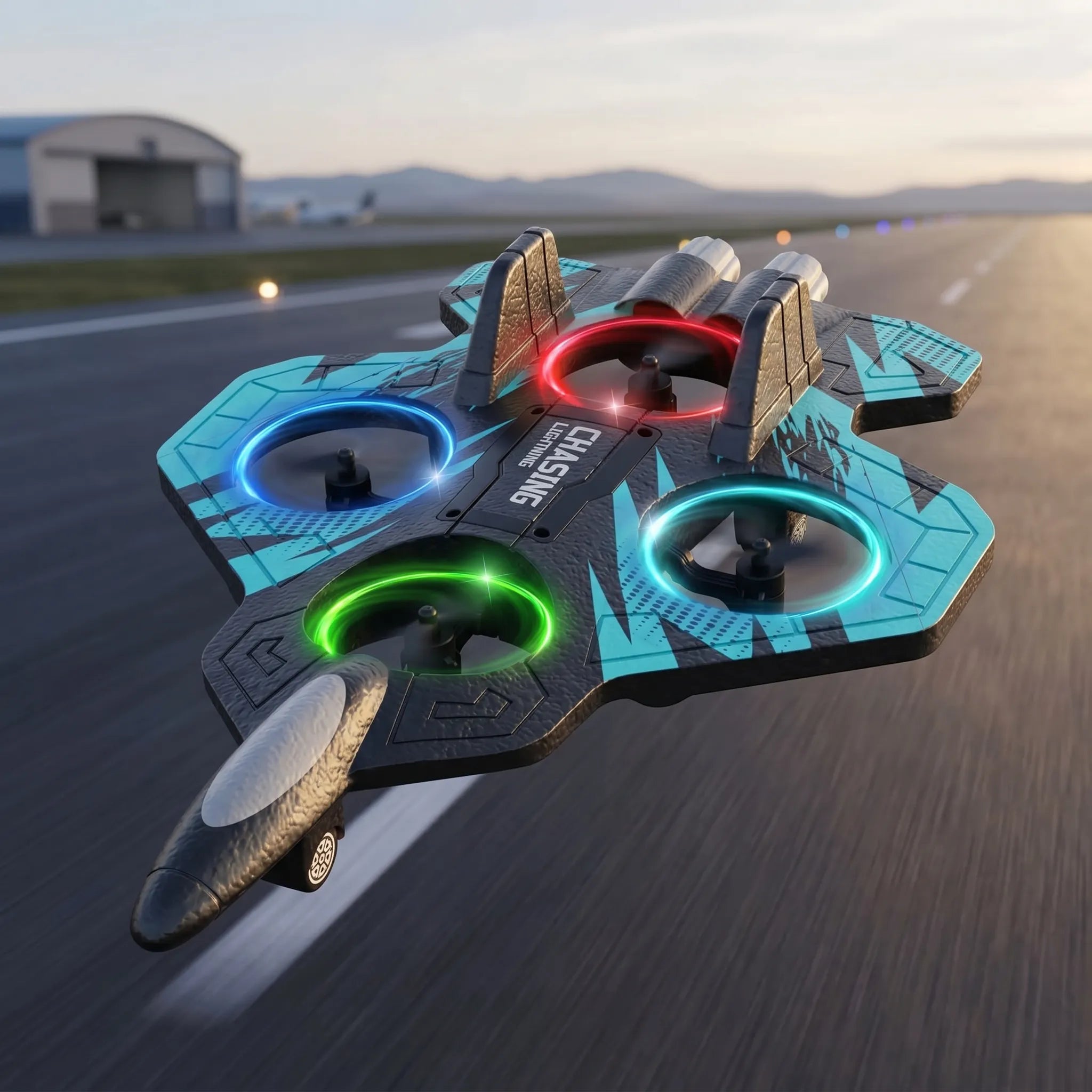 Colourful RC plane with glowing lights on a runway