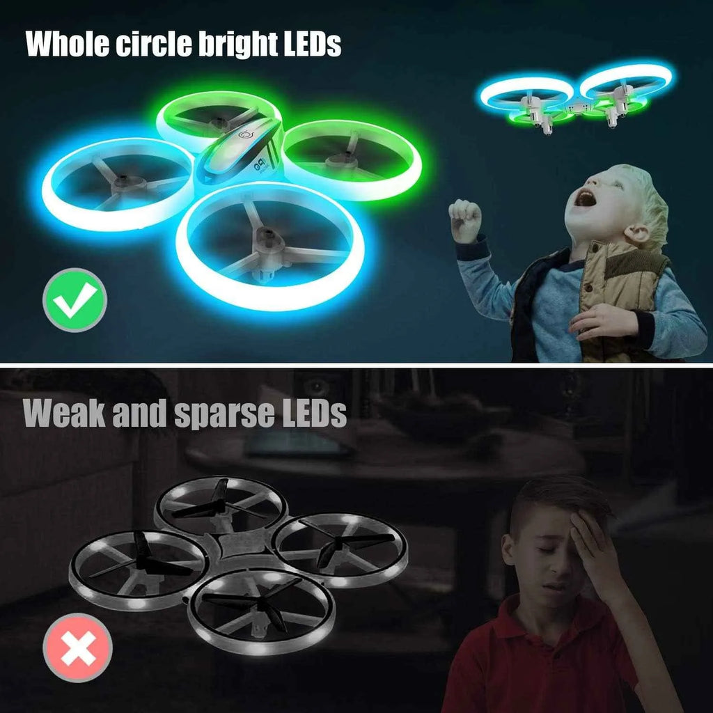 Comparison of an RC drone with bright LEDs and one with weak LEDs, showing a child's reaction to each.