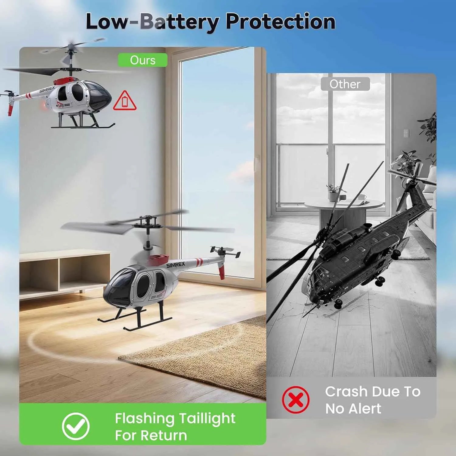 Comparison of two RC helicopters with low battery protection features in a room setting.