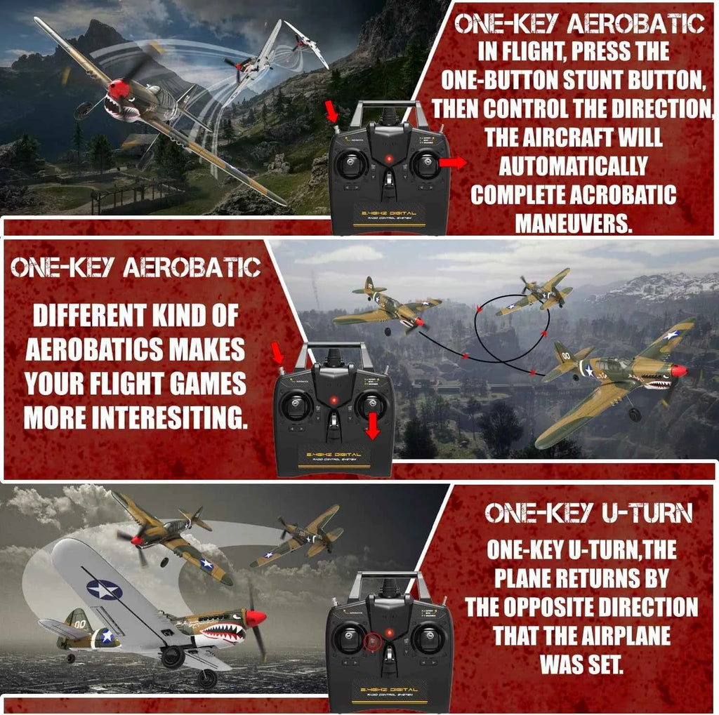 Control panel for remote-controlled aircraft with text describing aerobatic features.