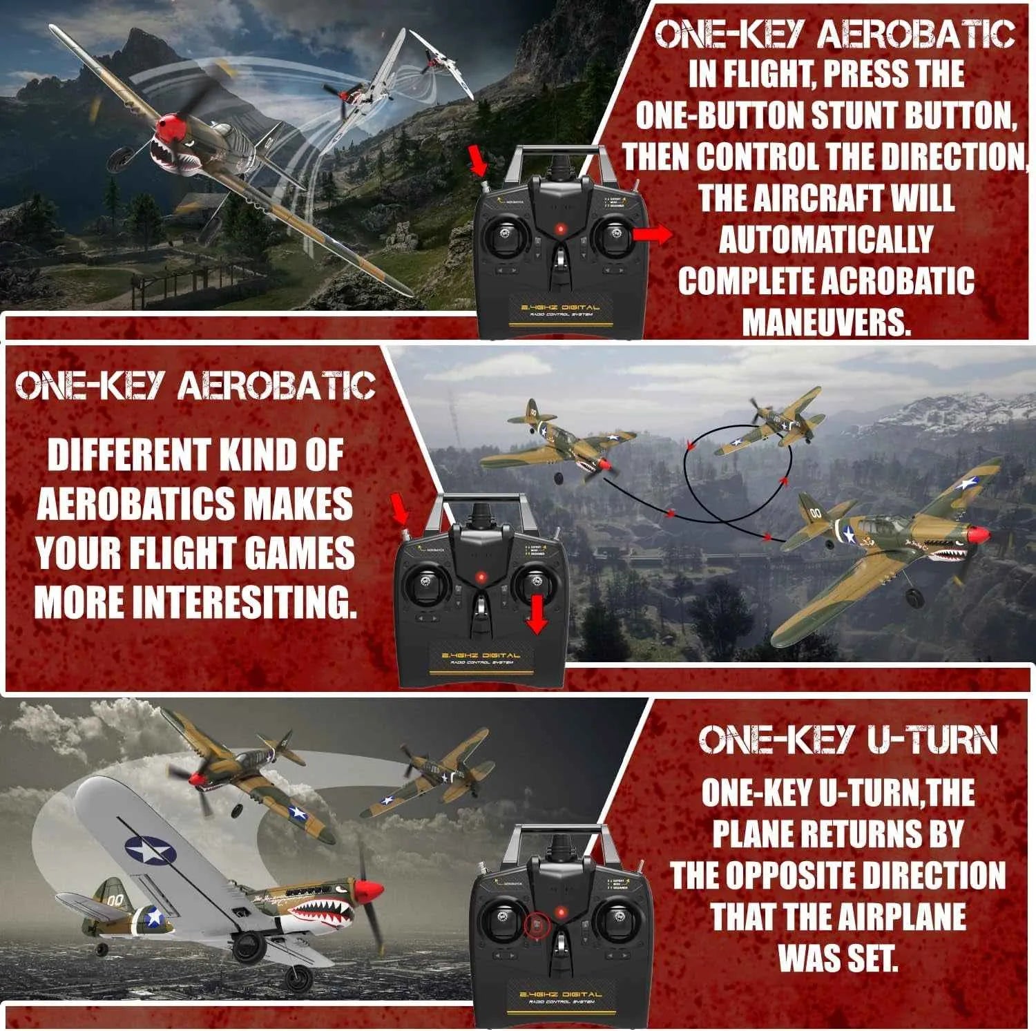 Control panel for remote-controlled aircraft with text describing aerobatic features.