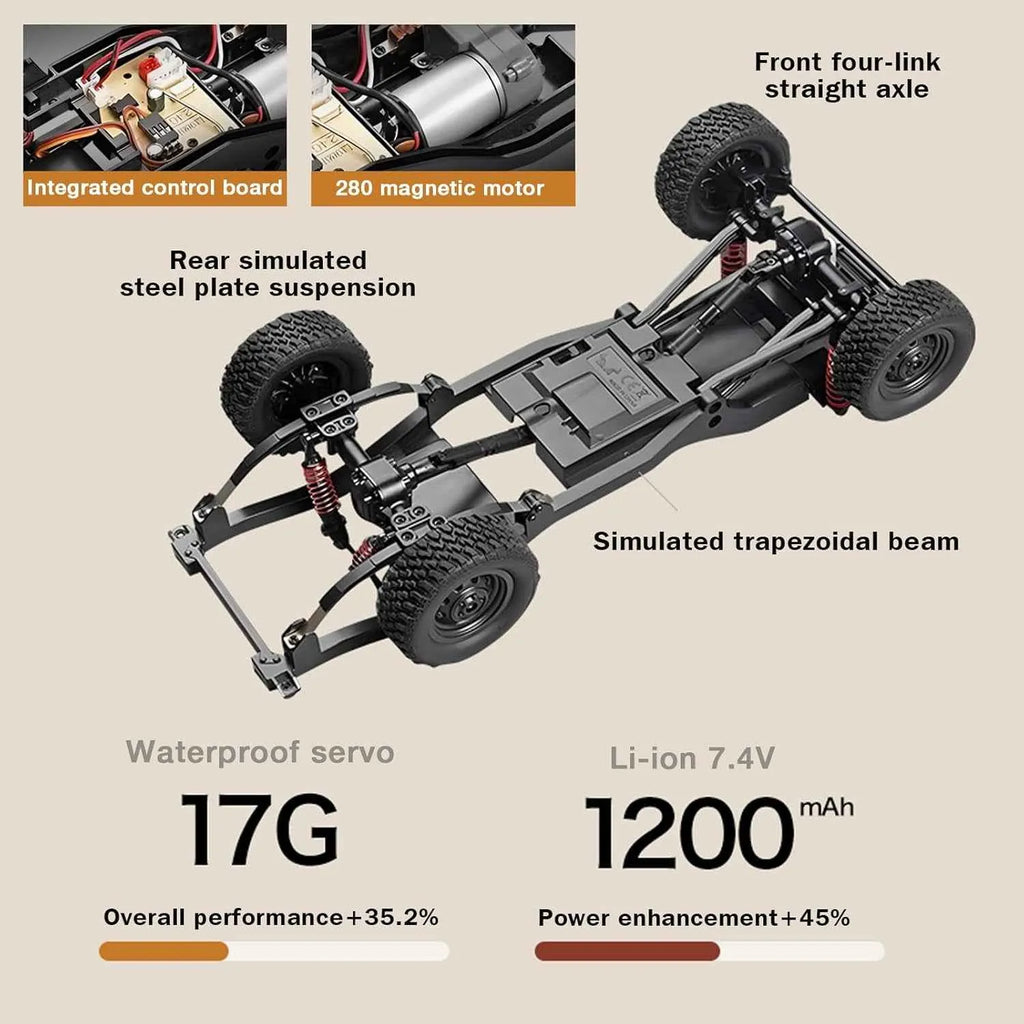 Detailed view of a model RC crawler chassis with technical specifications on a beige background