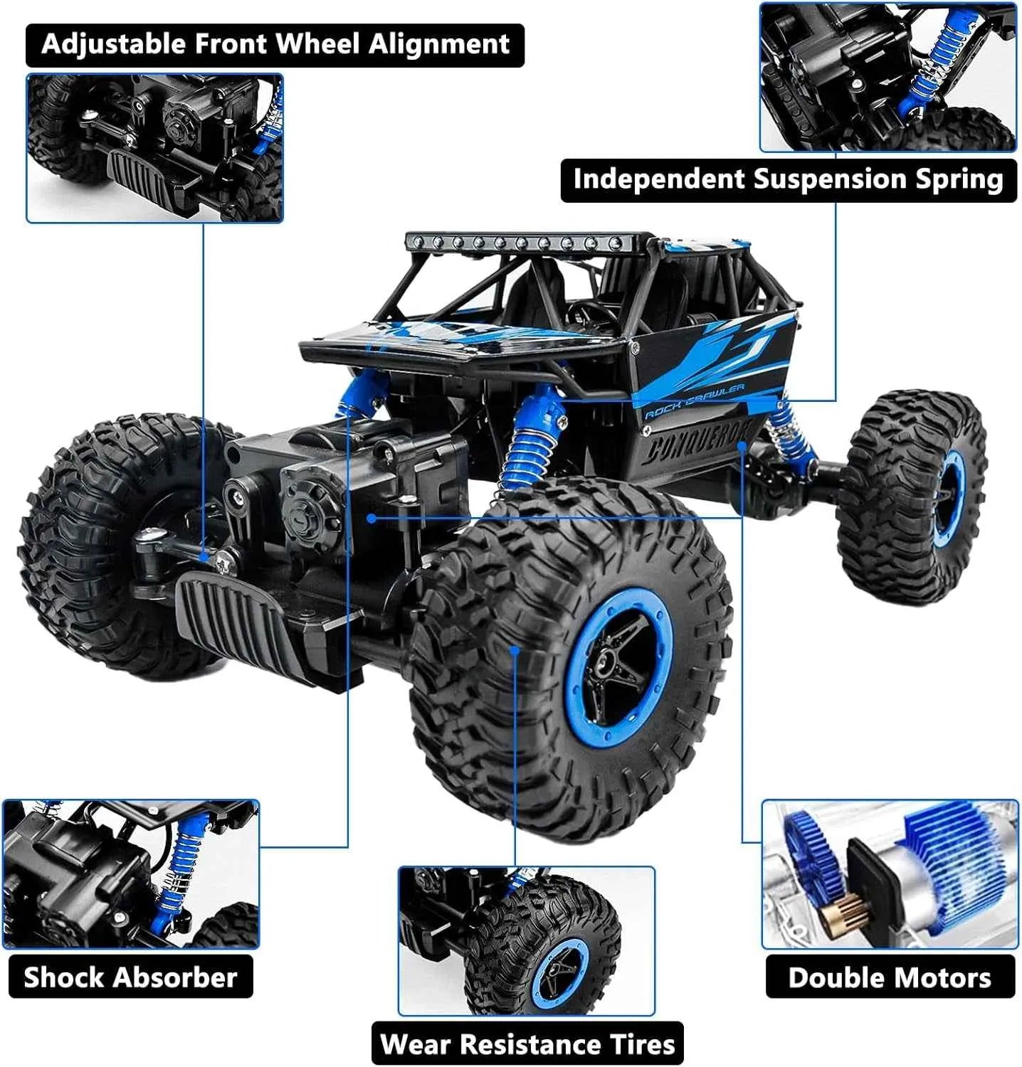 Detailed view of a remote control crawler with highlighted features on a white background.