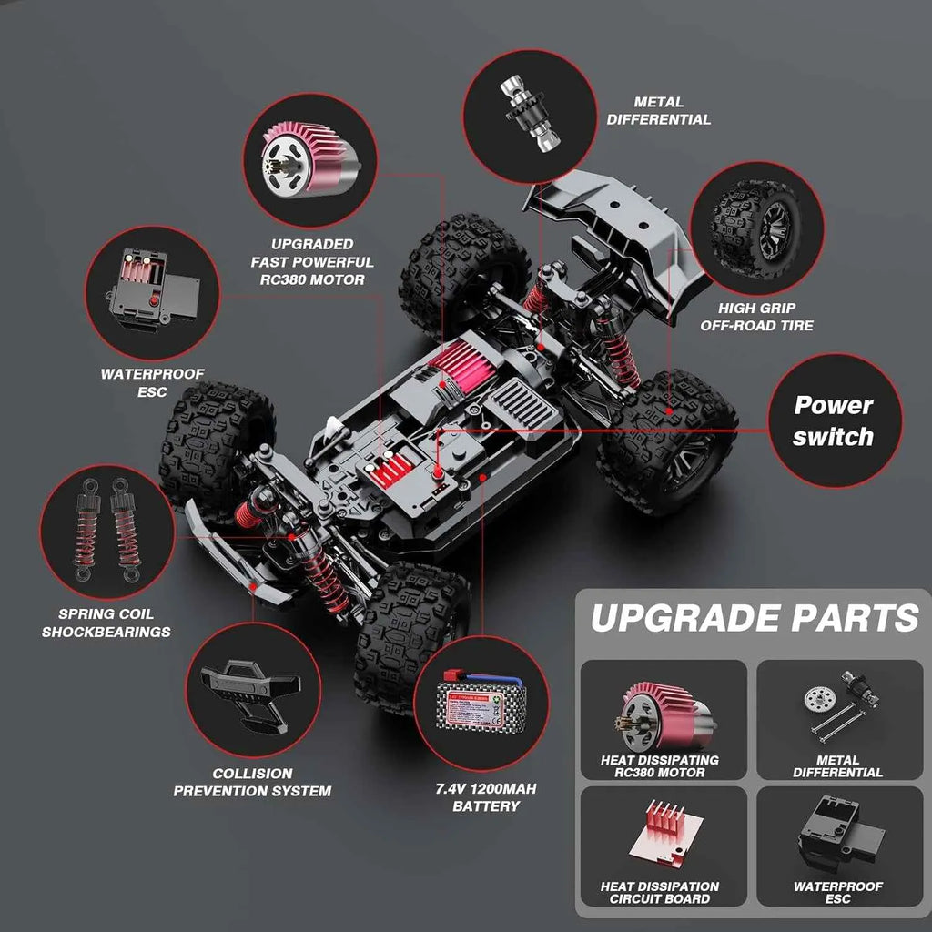 Detailed view of a remote control monster truck with highlighted upgrade parts on a dark background