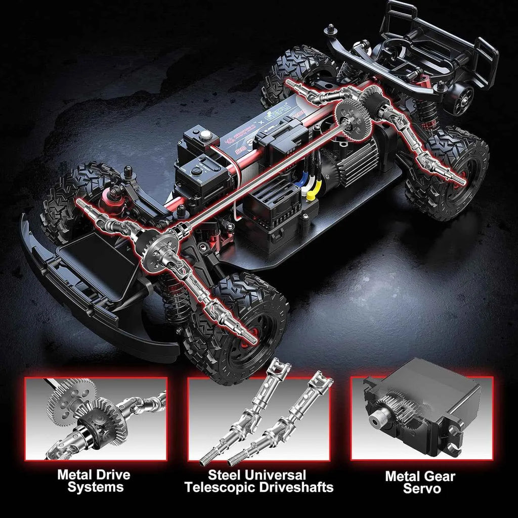 Detailed view of a remote control short course truck chassis with highlighted components on a dark background.