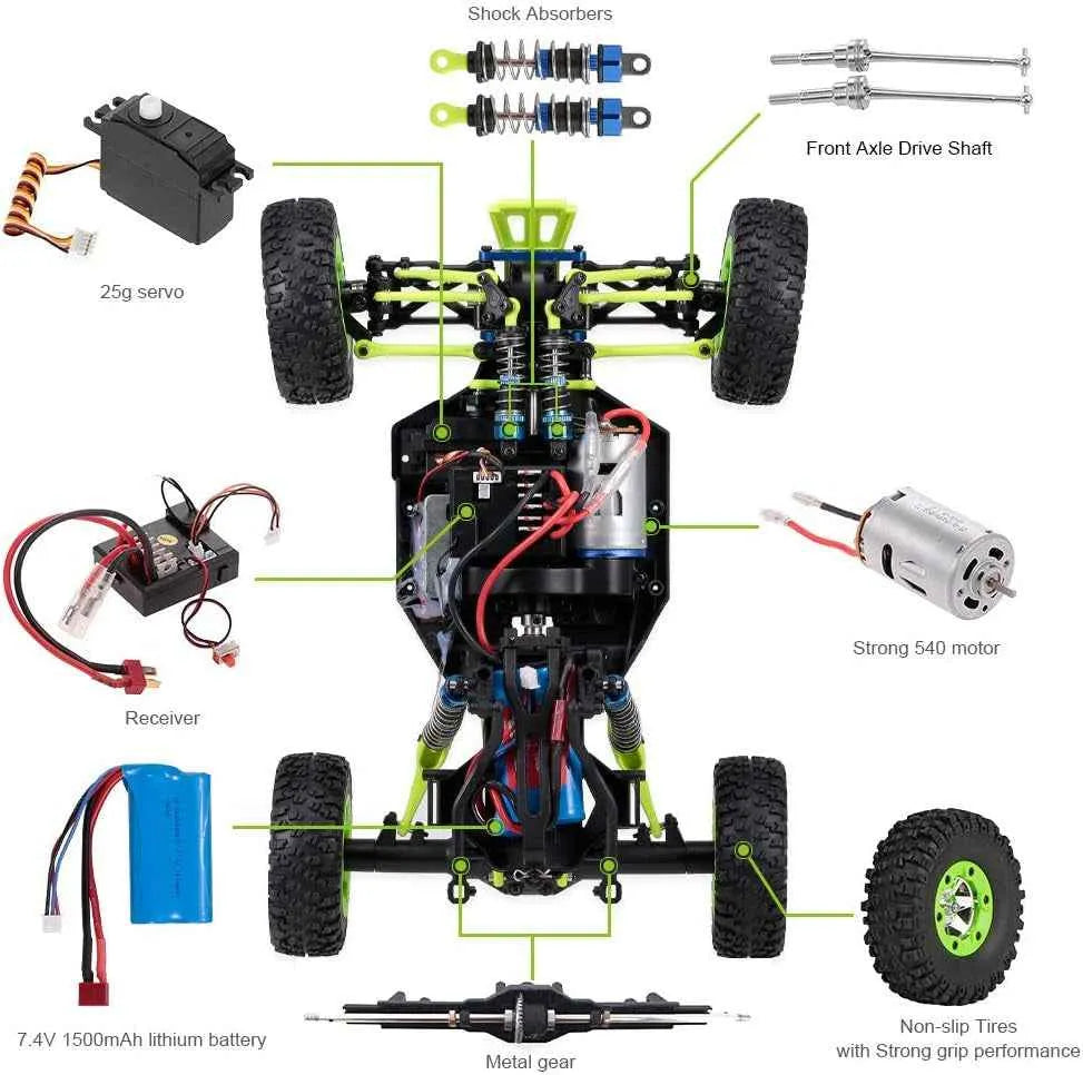 Diagram of a remote control crawler with labeled parts on a white background