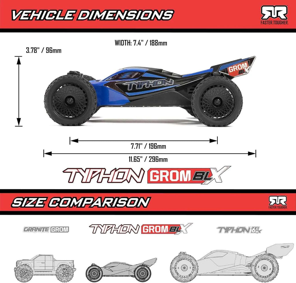 Dimensions of a Typhon Grom BLX model buggy with size comparison on a white background.